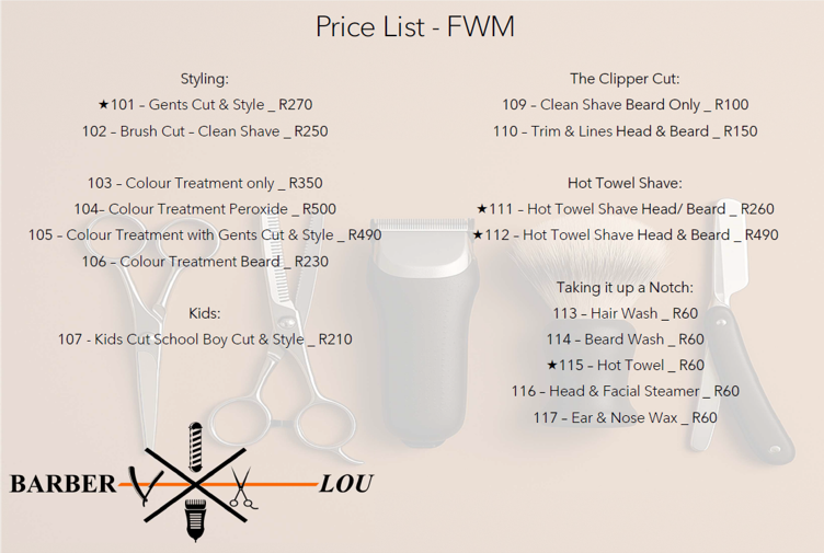Fourways Mall Barber-Lou price list